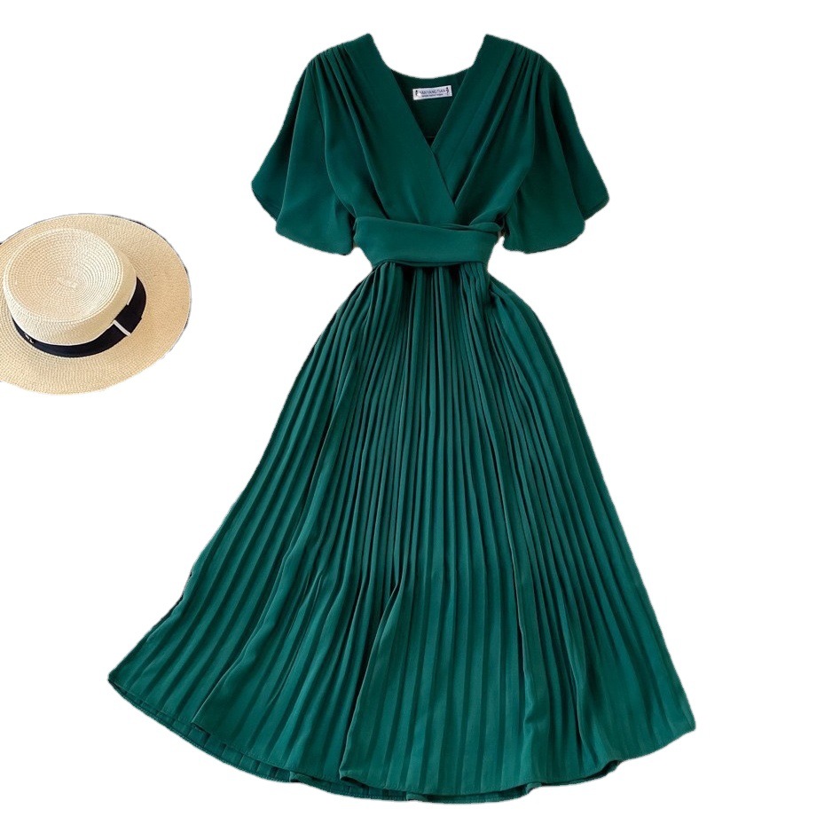 Cross-border new summer new V-neck short sleeve dress over the knee slim temperament waist lace-up large swing pleated long skirt