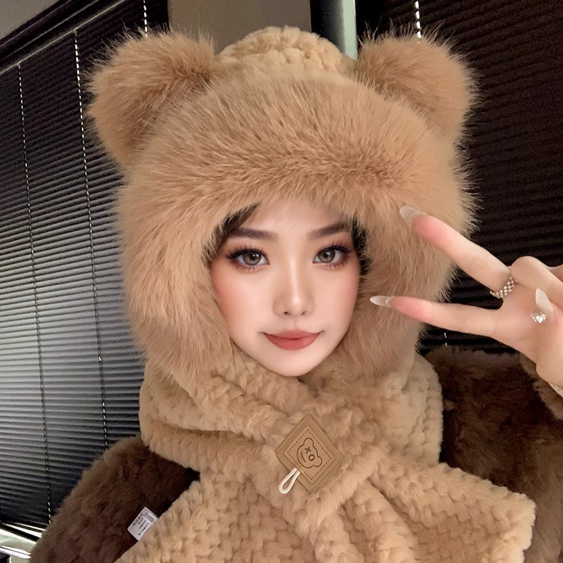 Picture of Cute Bear Hat Gloves Three-in-One Scarf Plush Hat Winter Riding Women's Easy Outdoor High-Level Warm Hat