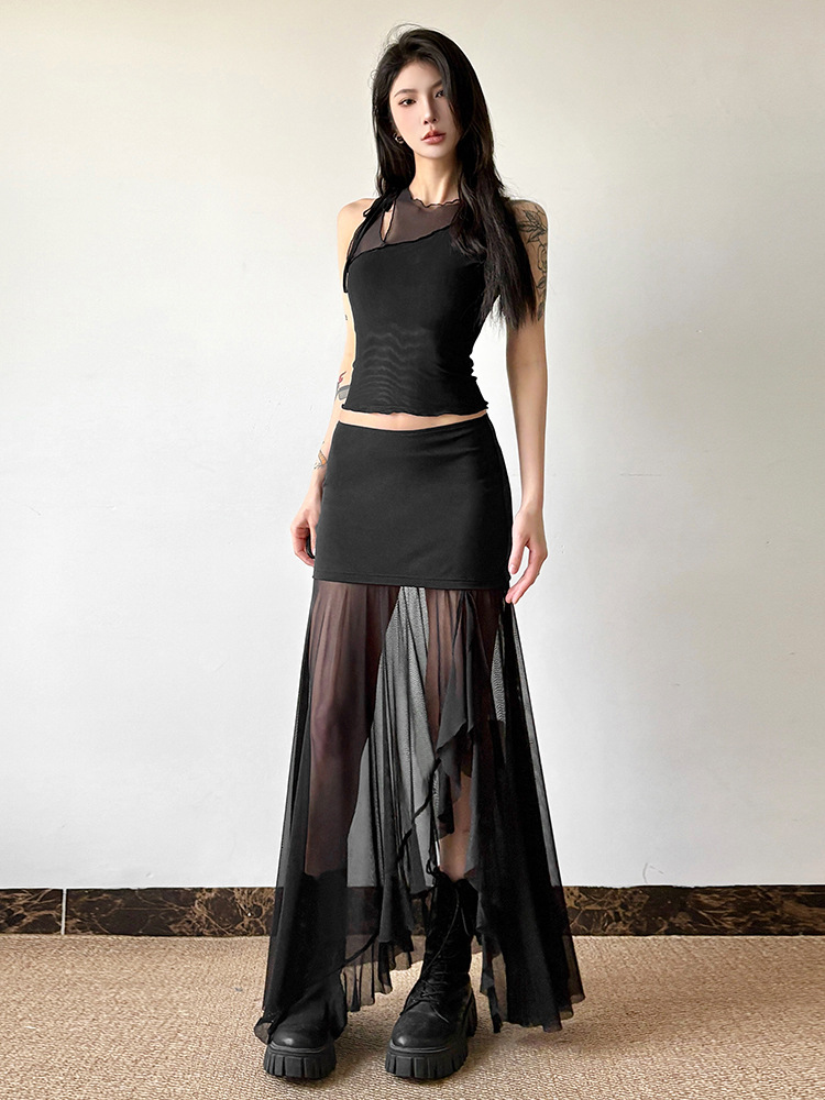 Millennial Hot Girl Style Mesh Splicing High Waist Skirt Summer Women's Ruffled Splicing Slit Slimming Irregular Skirt