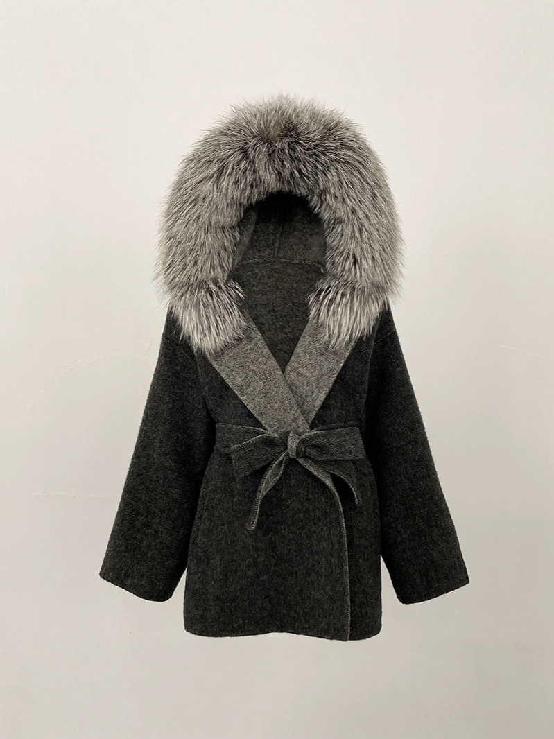 Picture of New Hooded Color-Blocked Fox Fur Collar Autumn and Winter Double-Sided Wool Outwear Women's Cloak Waist Thickeneded Woolen Outwear
