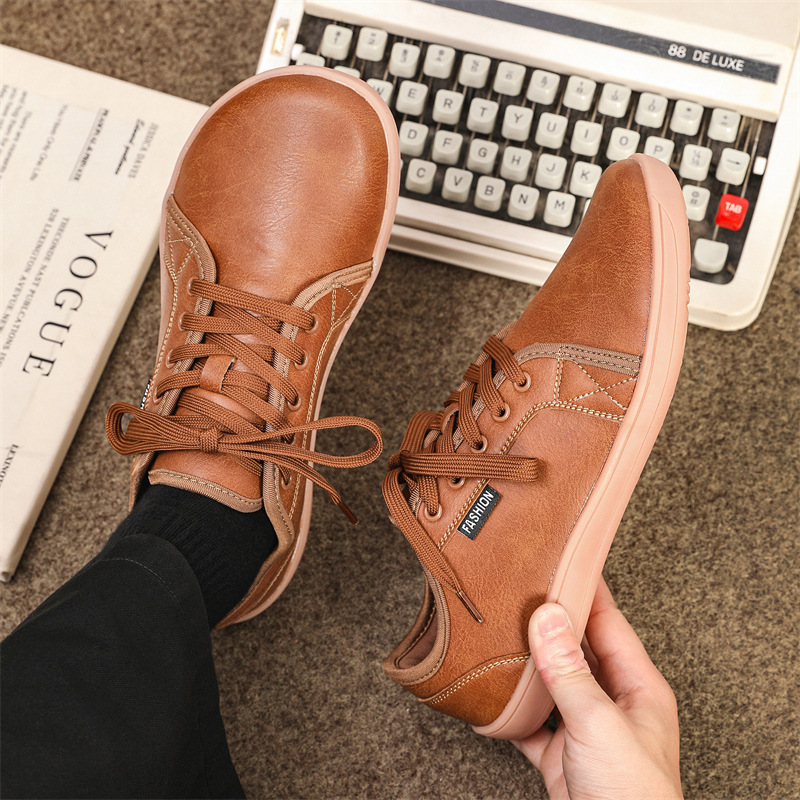 Cross-Border New Wide-Toe Barefoot Shoes, Lightweight Soft-Soled Men's Outdoor Sports Shoes, Low-Cut Lace-Up Leather Casual Shoes for Men
