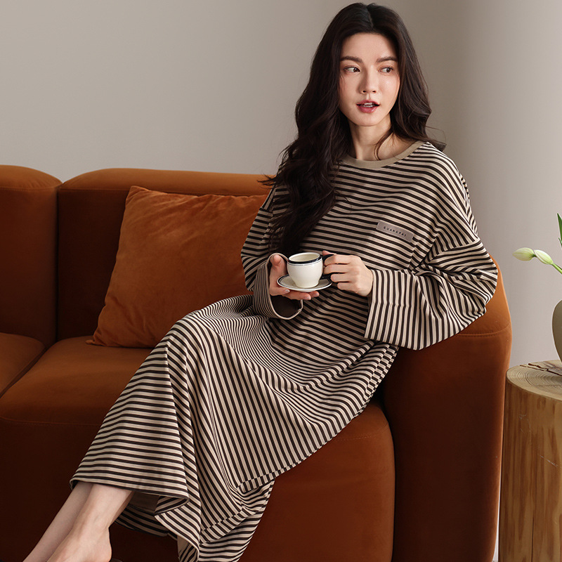 Zhuojia Nightgown with Breast Pads for Women Spring and Autum Pure Cotton Long-Sleeved 2025 New Stripesd Dress Loose and Can Be Worn Outside