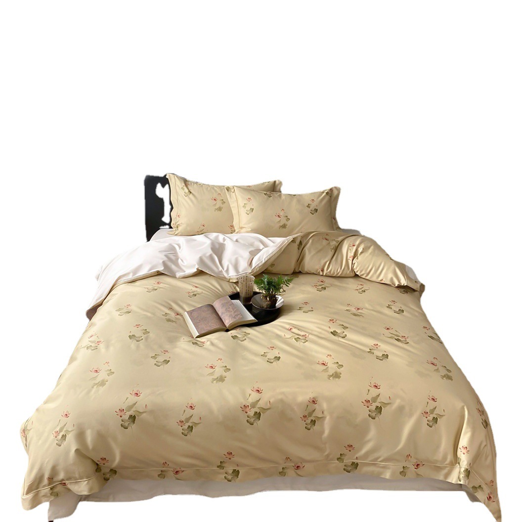RT. Oriental aesthetics new Chinese bedding 100S cotton satin bed sheet bed hat ink printing four-piece set