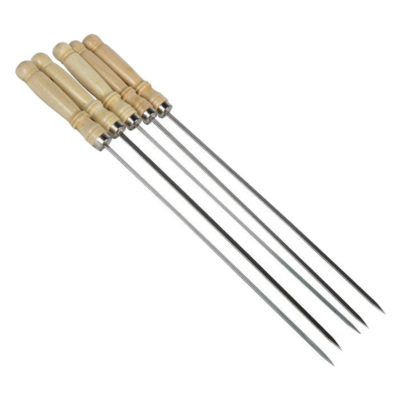 Wholesale large wooden handle barbecue stick stainless steel barbecue needle flat stick meat string stick steel drill through string stick barbecue tools