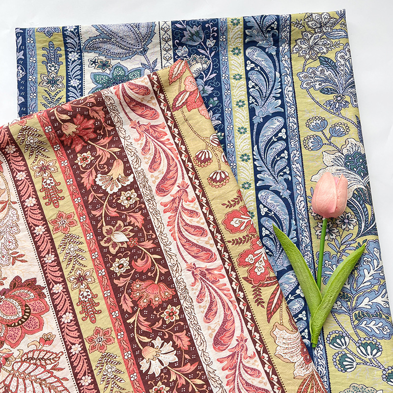 Striped Floral Vine New Chinese Style Digital Printed Brocade Cotton Fabric Ethnic Style Cheongsam Dress Top Hanfu Fabric