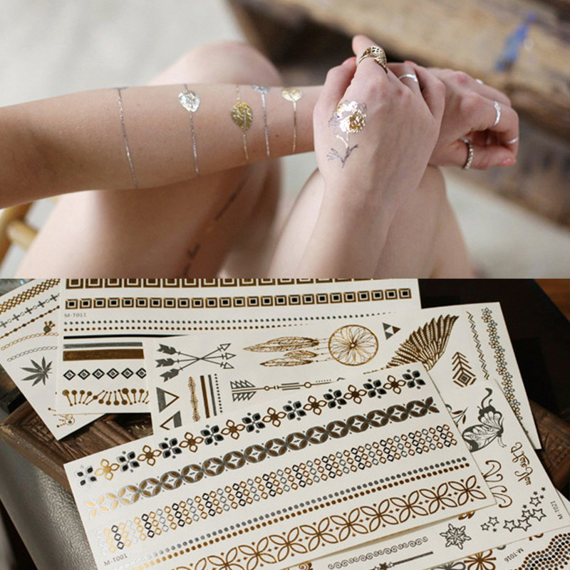 Wholesale European and American Style Hot Stamping and Silver Tattoo Stickers Metal Retro Mobile Phone Stickers Shiny Bracelet Stickers Tattoo
