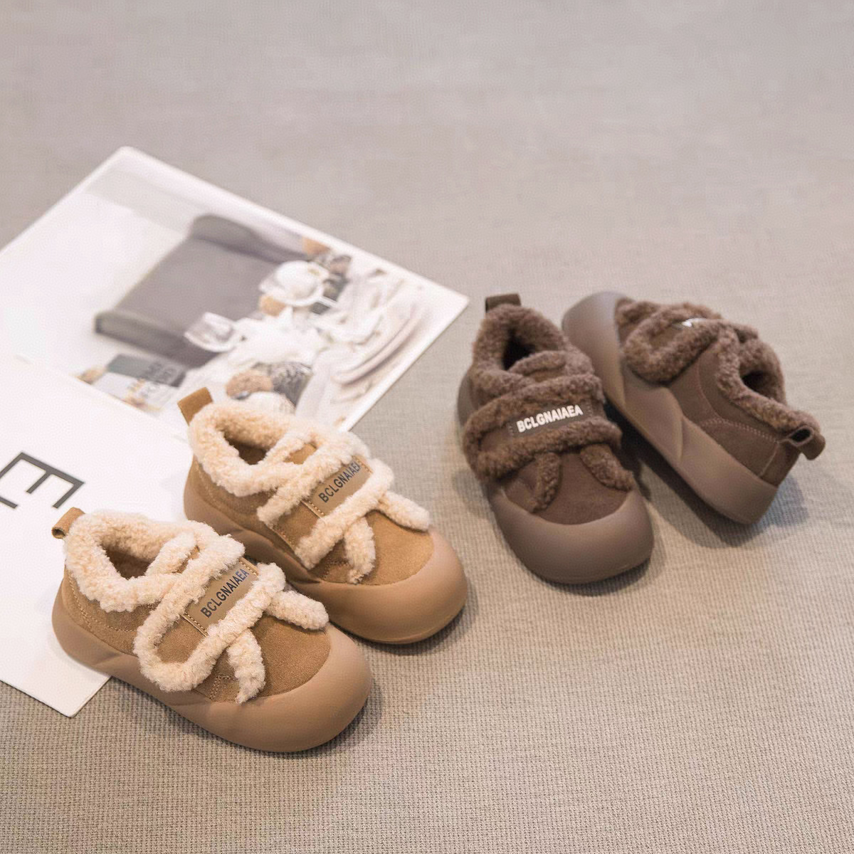 Genuine leather fleece-lined bread shoes, Maillard color series trendy children's fur shoes, children's snow boots, girls' cotton shoes, boys' winter shoes