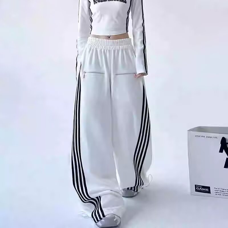 American Street Sports Casual Pants Women's Autumn Side Stripe Loose Wide Leg Pants Lazy Sports Pants & Cotton Composite
