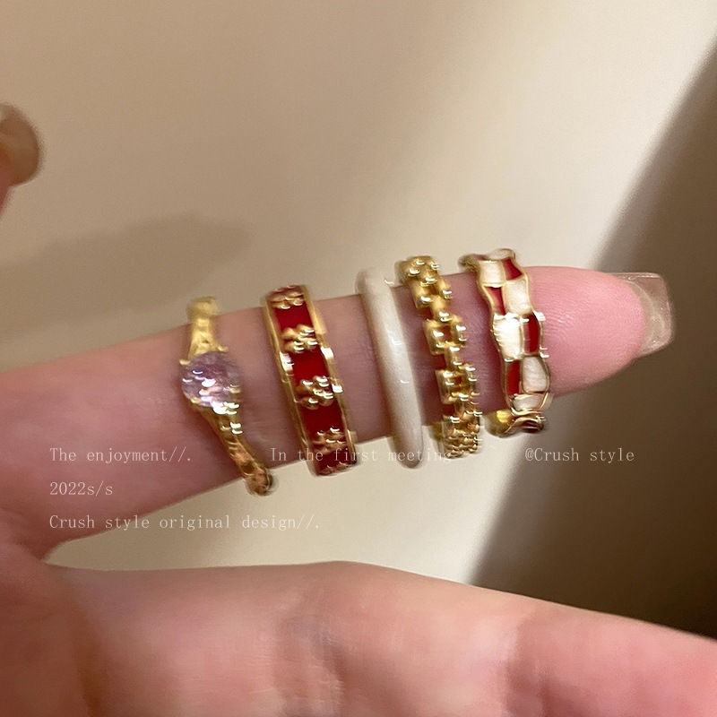Vintage Dropping Glaze Opening Ring Women's Unique Niche Design Sense Couple's Finger Ring ins Light Luxury High-grade Joint Ring