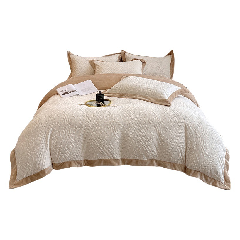 2024 Hot High-Density Light-Extinction Wide Edge Carved Milk Velvet Four-Piece Light Luxury Solid Color Double-Piece Thickening Kit