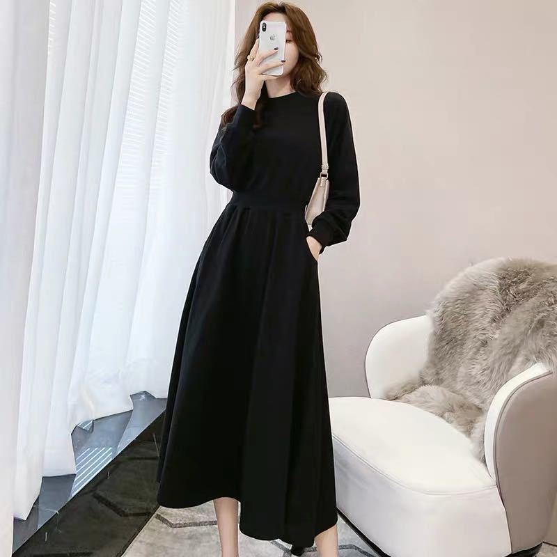 Autumn and Winter New Korean-style Long-sleeved Large Swing Waist Long Sweater Women's Cross-border Fashion Elegant Round Neck Dress Trendy