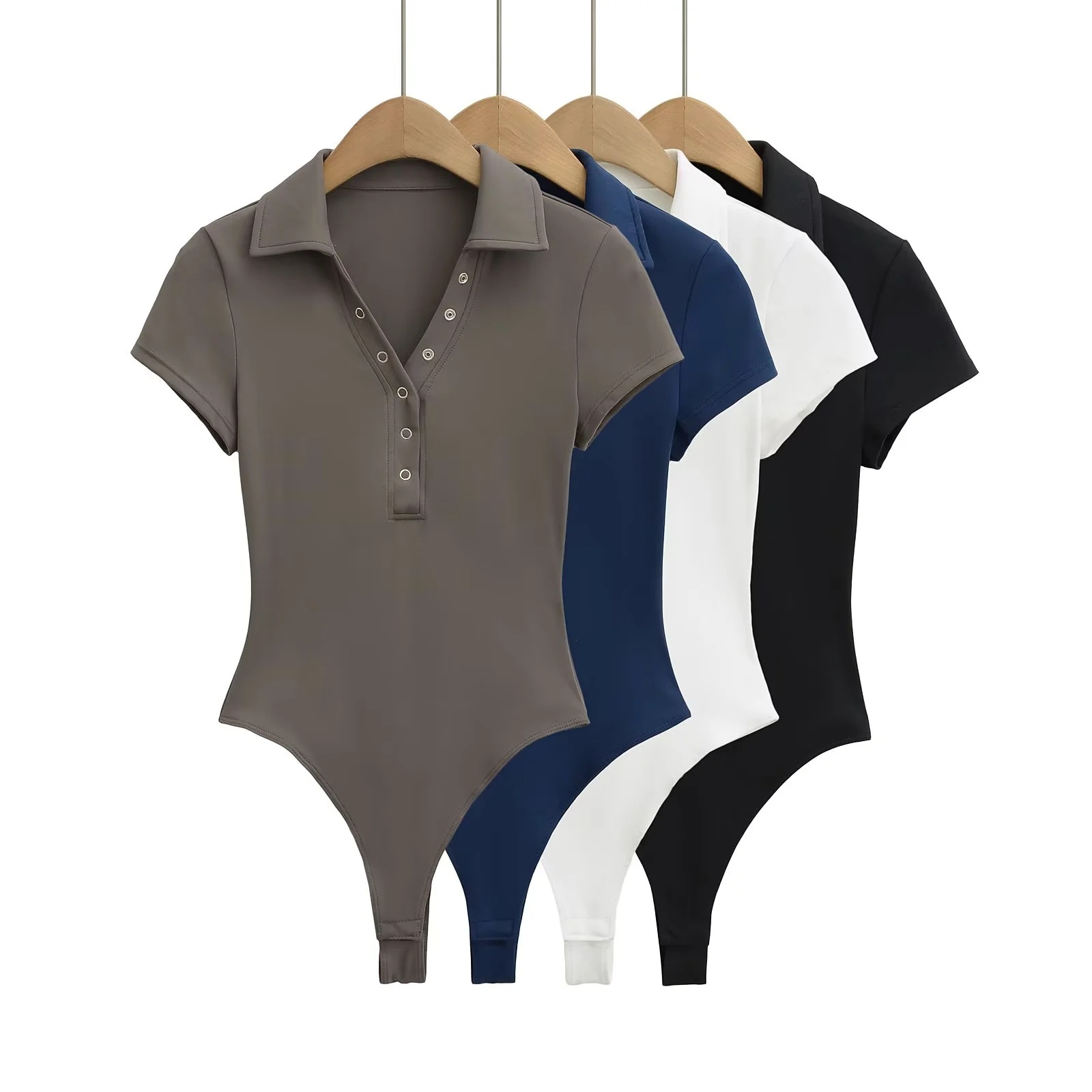 European and American Style Polo Collar Button Half-Cardigan Top New Short-Sleeved T-Shirt Women's Summer Slim Bottoming Shirt Jumpsuit