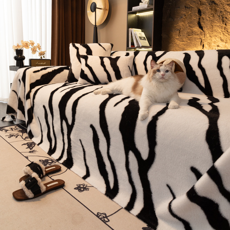 Rabbit Plush Zebra Pattern Sofa Towel Full Cover 2025 New Autumn and Winter Plush Sofa Cover Cloth Cross-Border