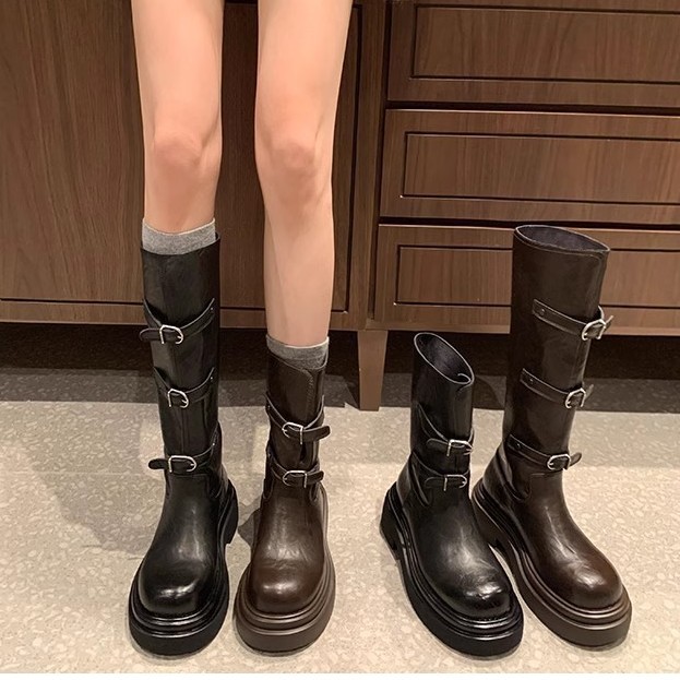 [Two versions] Grape Mom Autumn and Winter New Fashionable Belt Buckle Round Head Thick Bottom All-match Ankle Boots Knight Boots