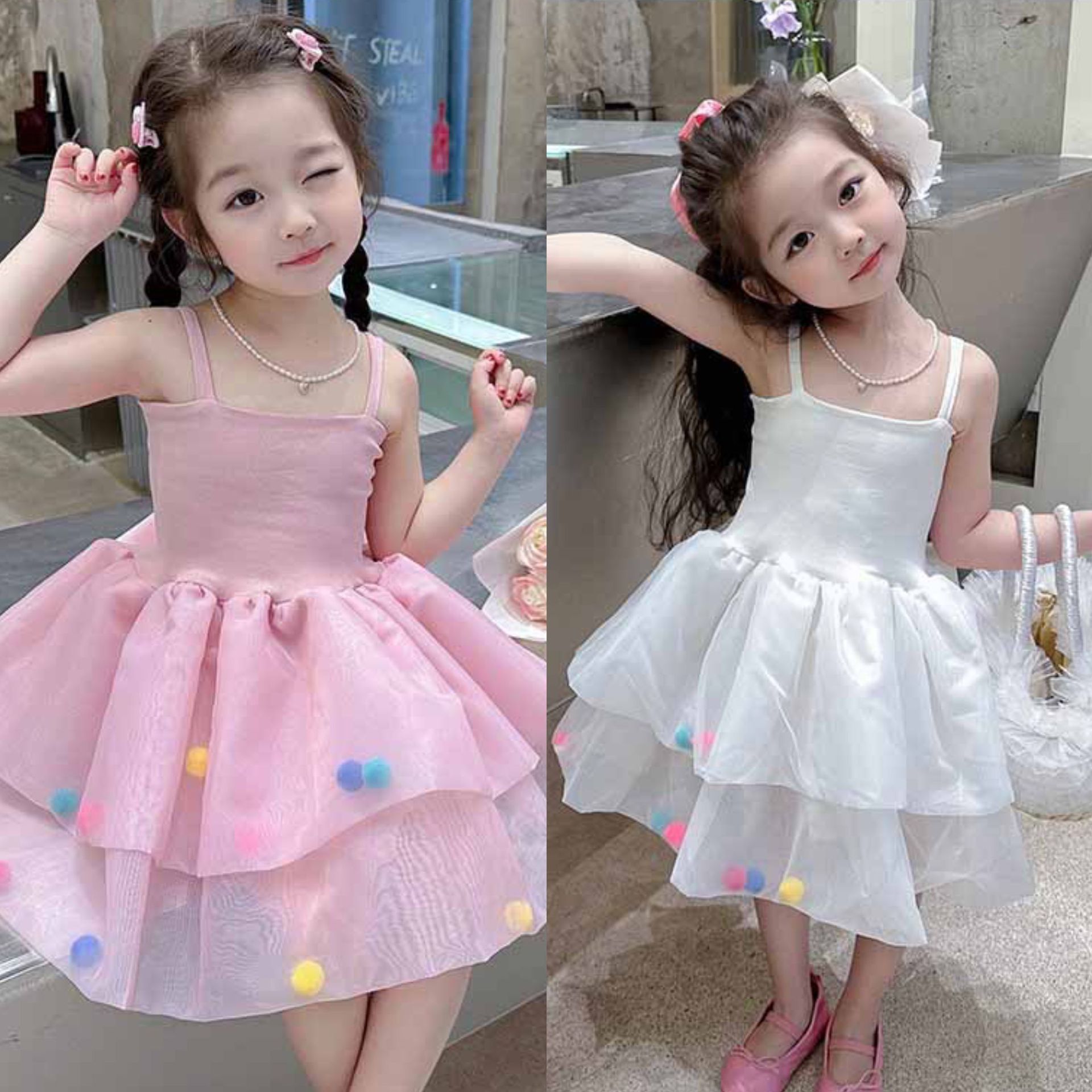 Girls' sundress summer dress new slip strap small fresh mesh princess dress dress middle and child trend