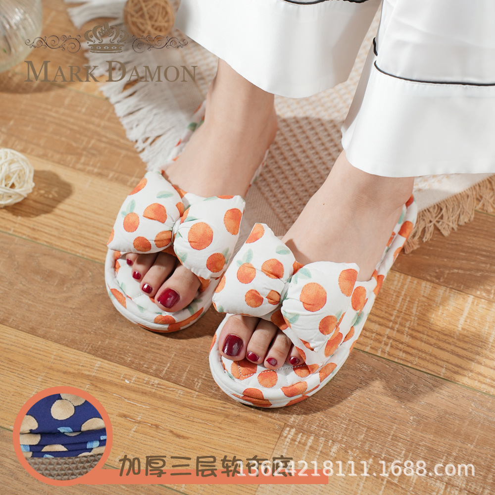 Korean-Style Home Three-Layer Fabric Sole Silent Slippers for Women, Cute Bowknot Design, Suitable for Spring and Autumn, Comfortable for Indoor Use on the Floor