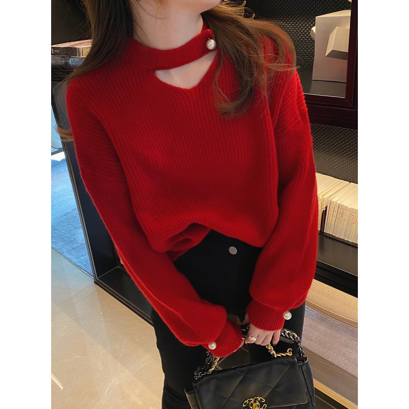 Picture of Design Sense Niche Sweater Women's 2024 Autumn and Winter New Loose Korean Style V-neck Pink Hollow Sweater Top