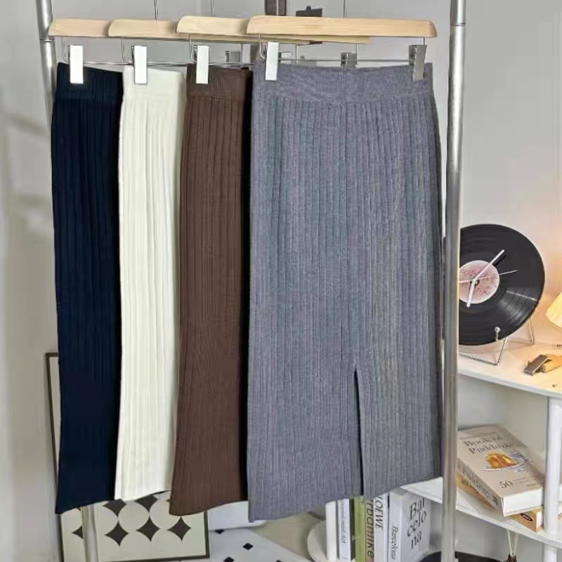 Spring and Autumn knitted skirt Women's Mid-length hip skirt waist split one-step skirt personality slimming wool straight dress