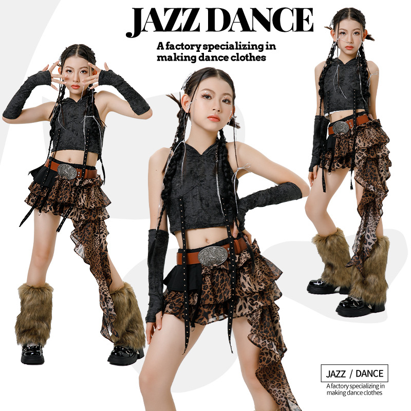 Girls' Jazz Dance Costume Kpop Women's Group Song Playing Costume Leopard Print Waste Earth Style Table Performance Costume Children's Model Show Fashion