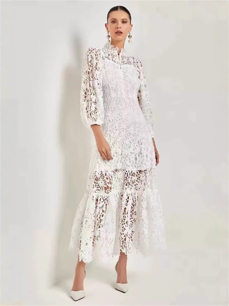 25 Spring and Summer Cross-border AliExpress Independent Station European and American Goddess Elegant Temperament Solid Color Hollow Lace Dress