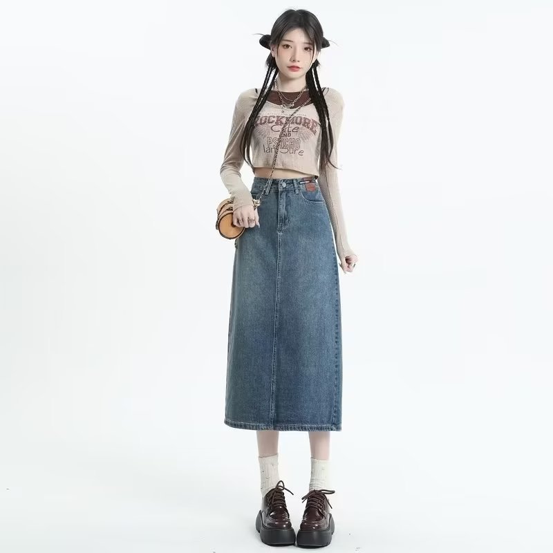 Vintage Denim Skirt Women's Autumn Mid-length Design High Waist Slimming Small Split A- Line Hip Skirt
