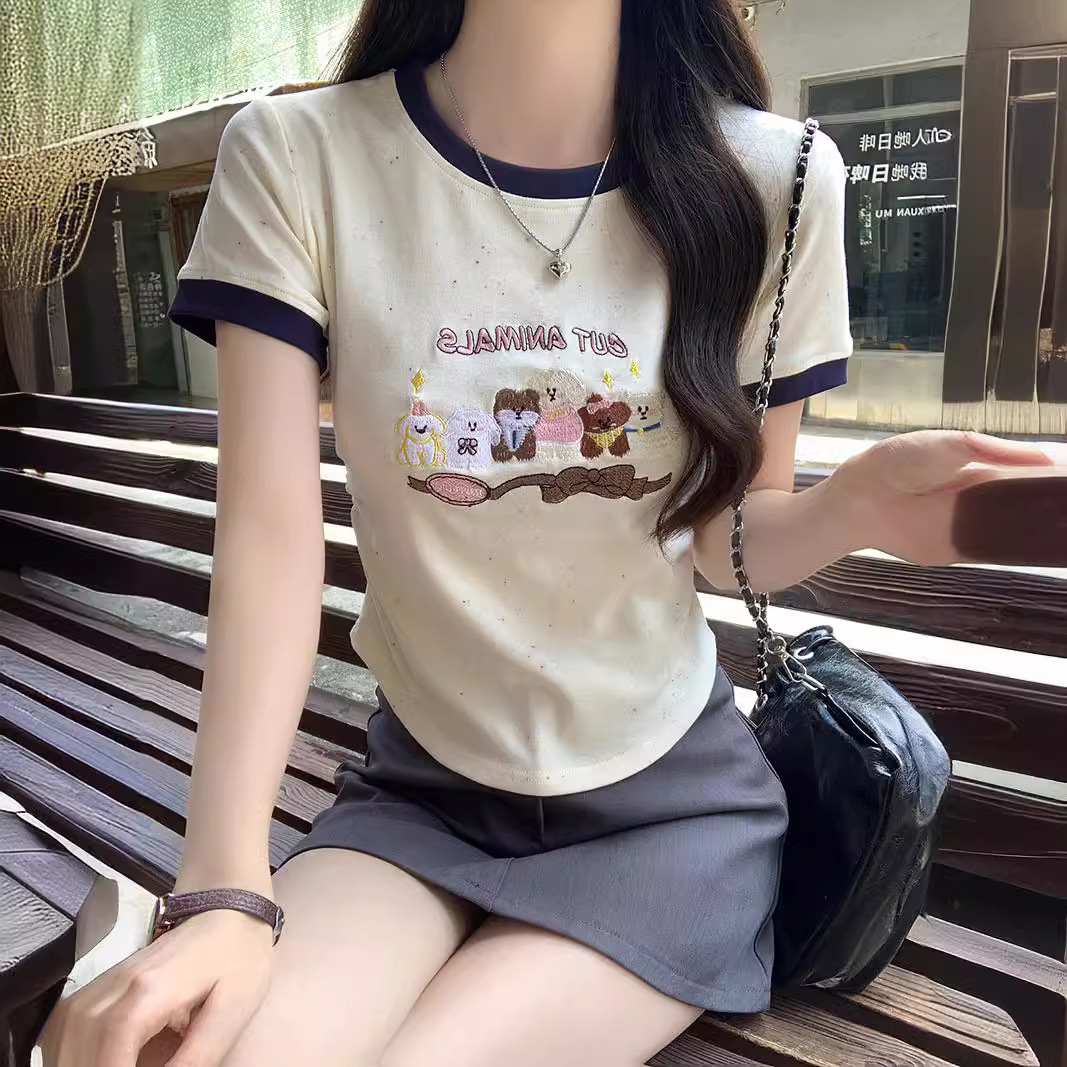 Korean Embroidered Shoulder Short-Sleeved T-Shirt Summer 2024 Fashionable Embroidered Flower Shoulder Slim-Fit Short Contrast Color Round Neck Top