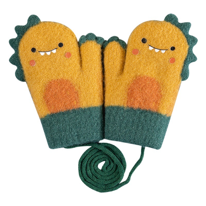 Children's small gloves 1-3 baby cute finger bag wearing rope plus velvet thickened double-layer knitted warm gloves