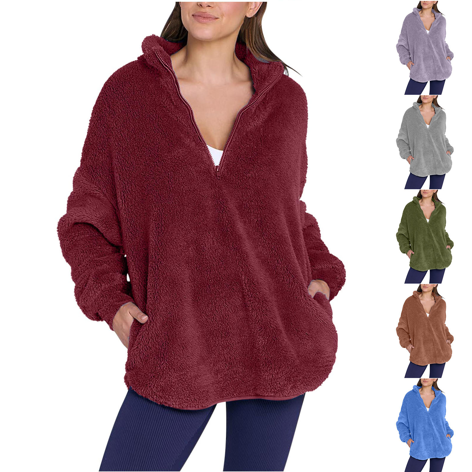 Amazon AliExpress wish2024 cross-border new autumn and winter wool plush fleece-lined ladies stand collar sweater casual