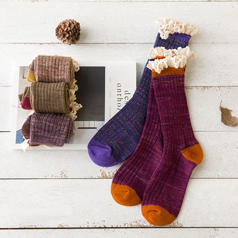 Wholesale Women's Knitted Mid-Calf Socks with Color-Blocked Thick Lace Trim and Contrasting Design