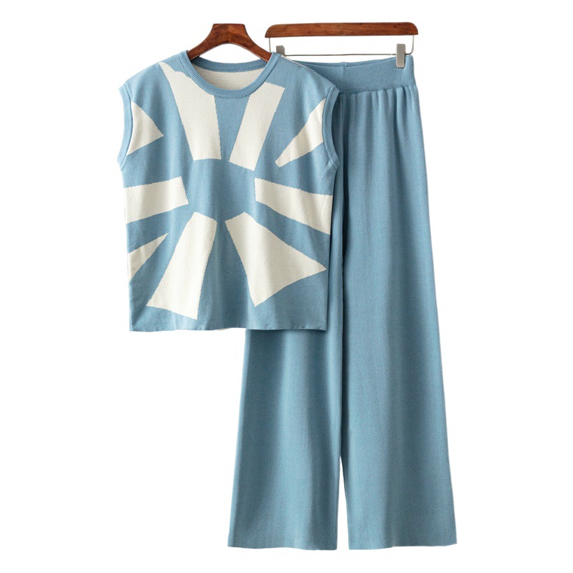 Cross-Border 2025 Summer New Style Simple Jacquard Loose Sleeveless Knitted Waistcoat Top Wide Leg Pants Knitted Two-Piece Set for Women