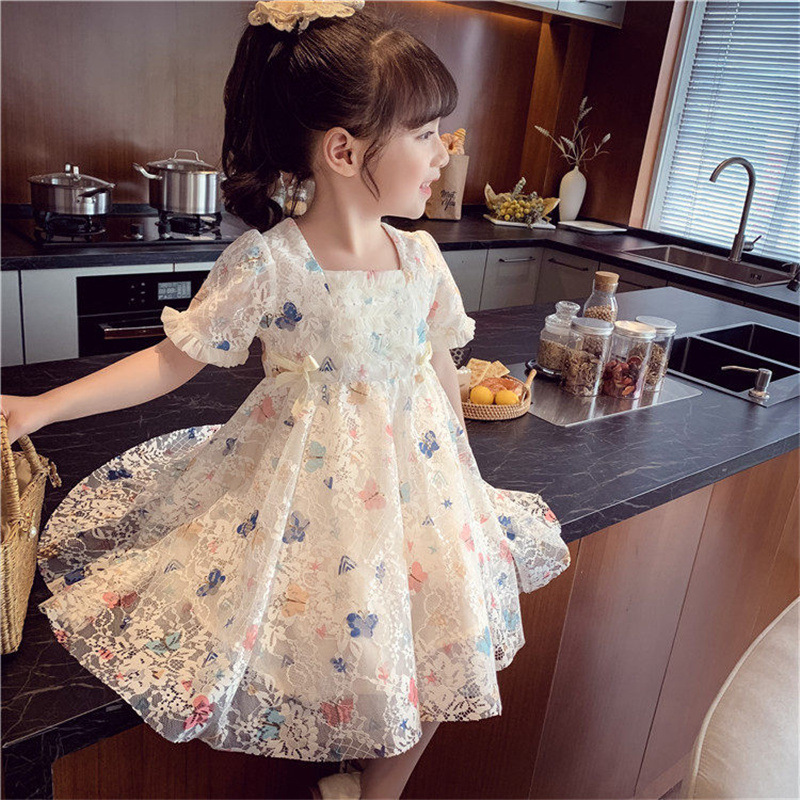 Girls Lolita Mesh Stylishly Princess Dress 2022 Summer New Style Lace Girls Puff Sleeve Dress Fairy