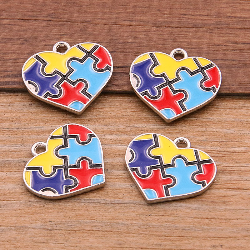 Picture of 8 Styles, 2 Colors DIY Alloy Jewelry Contrasting Color Puzzle Autism Pendant Round Heart Puzzle Asymmetrical Pendant