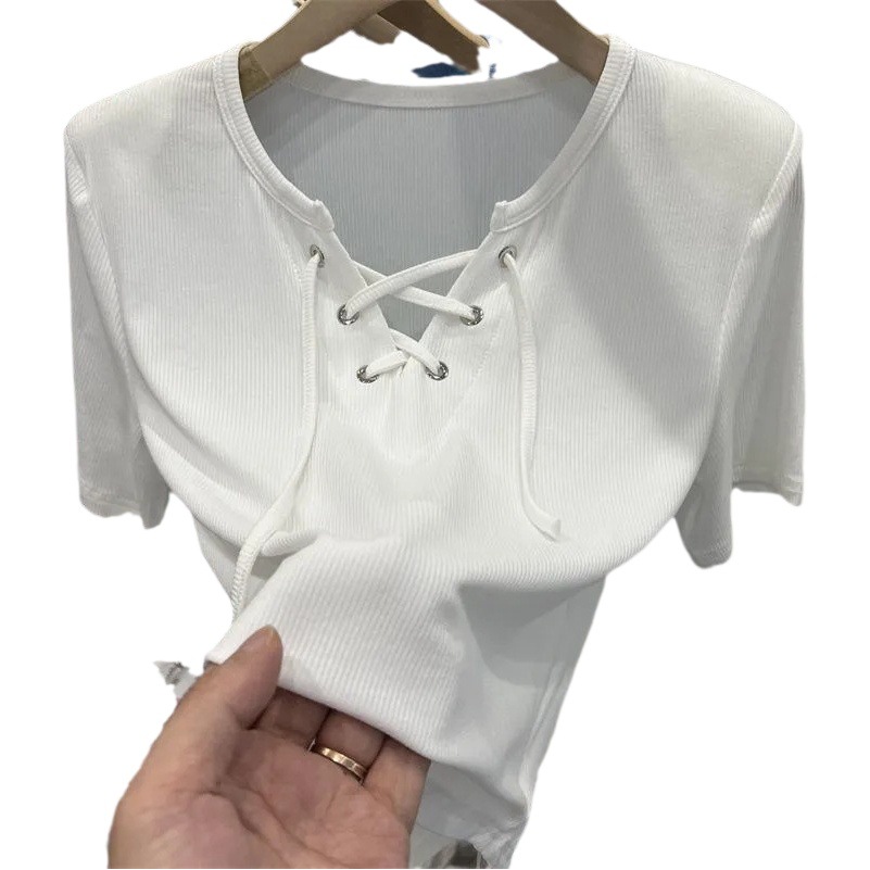 Design Sense Niche Strap Threaded Short-sleeved T-shirt Women's Summer Wear Korean-style New Slim-fit Western-style Arc Shirt Top