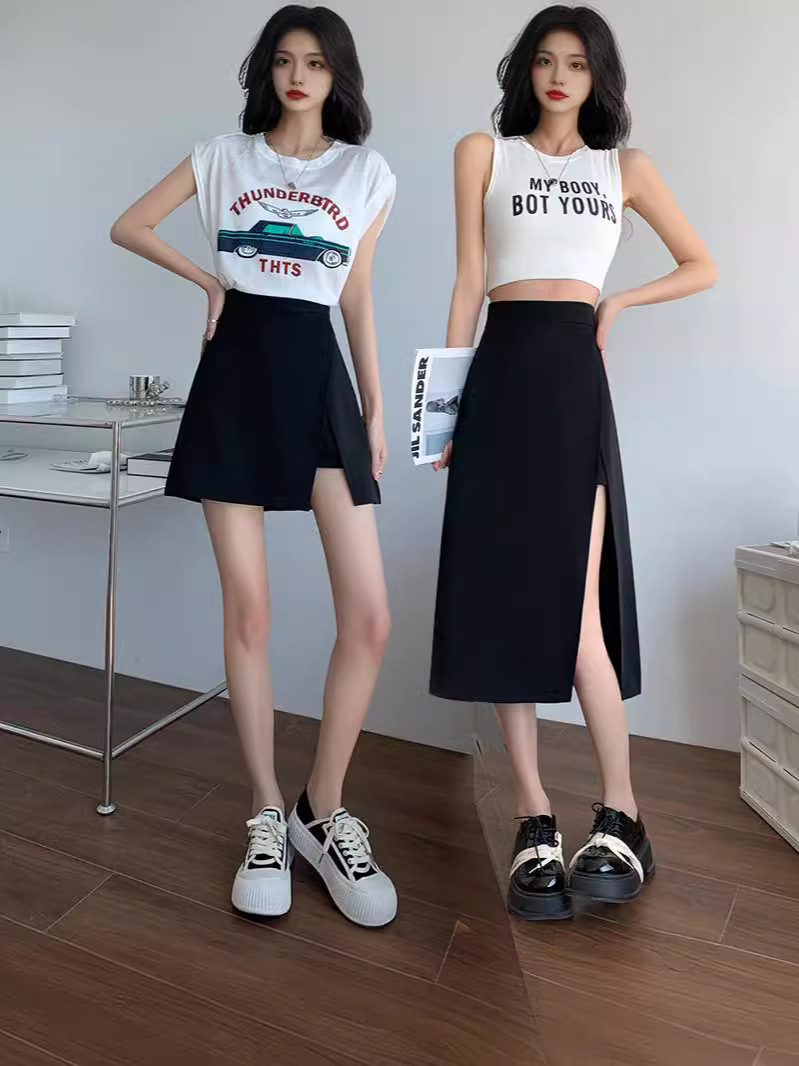 Black A- line Skirt Women's 2024 New High Waist Slimming Summer Thin Irregular Split Hip Short Culottes