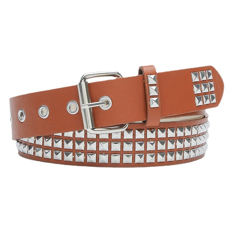 European and American Cross-border Square Beads Rivet Pyramid Inlaid Women's Belt Punk Style Personality Eyelet Decorative Belt Women