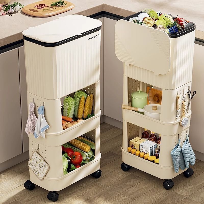 Bend-Free Multifunctional Kitchen Trash Can with Lid and Wheels, Tall Large-Capacity Living Room and Bathroom Garbage Storage Bin