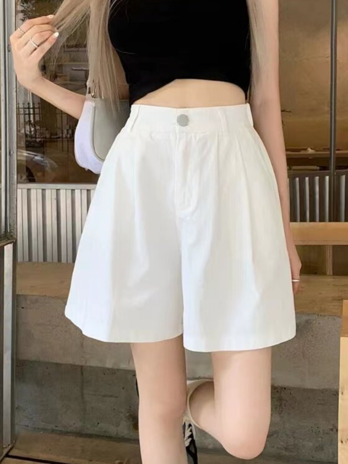 2024 Summer New Korean Style High Waist Work Shorts Women's Wear Short Sleeve Design Sense A- line Wide Leg Pants
