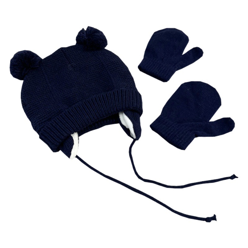 European and American autumn and winter New Baby wool hat solid color children's warm knitted hat gloves two-piece set cross-border foreign trade