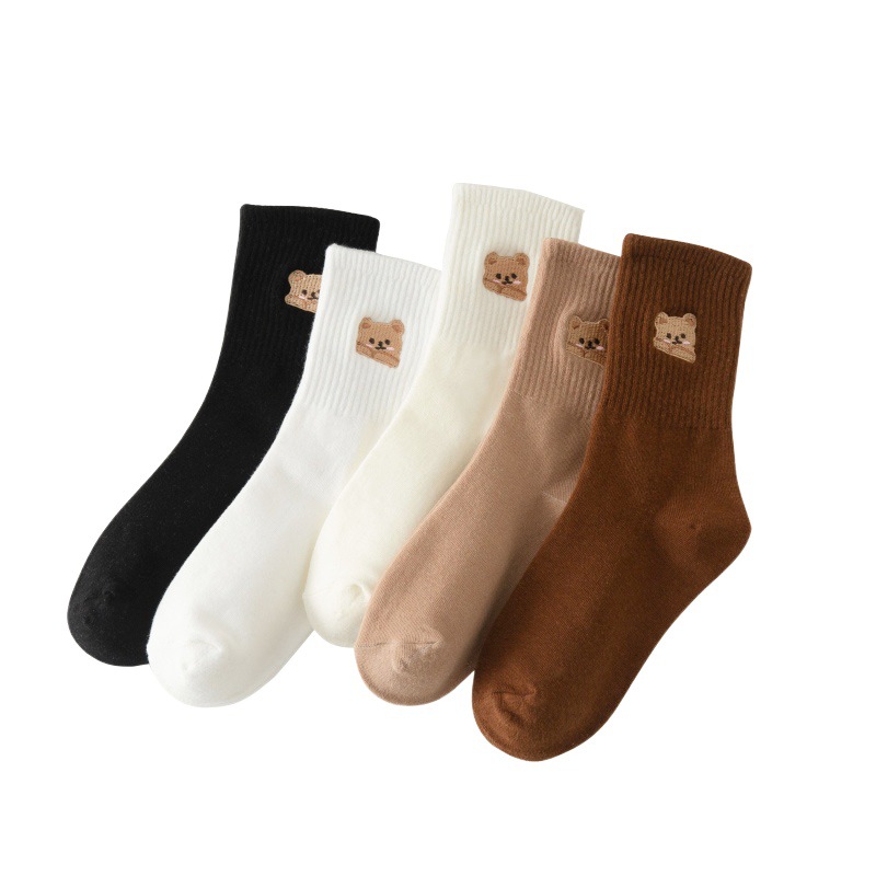 Bear Embroidered Socks Children's Mid-Autumn and Winter Ins Trendy Pure Cotton Japanese Style Cute Black and White Four Seasons Stockings