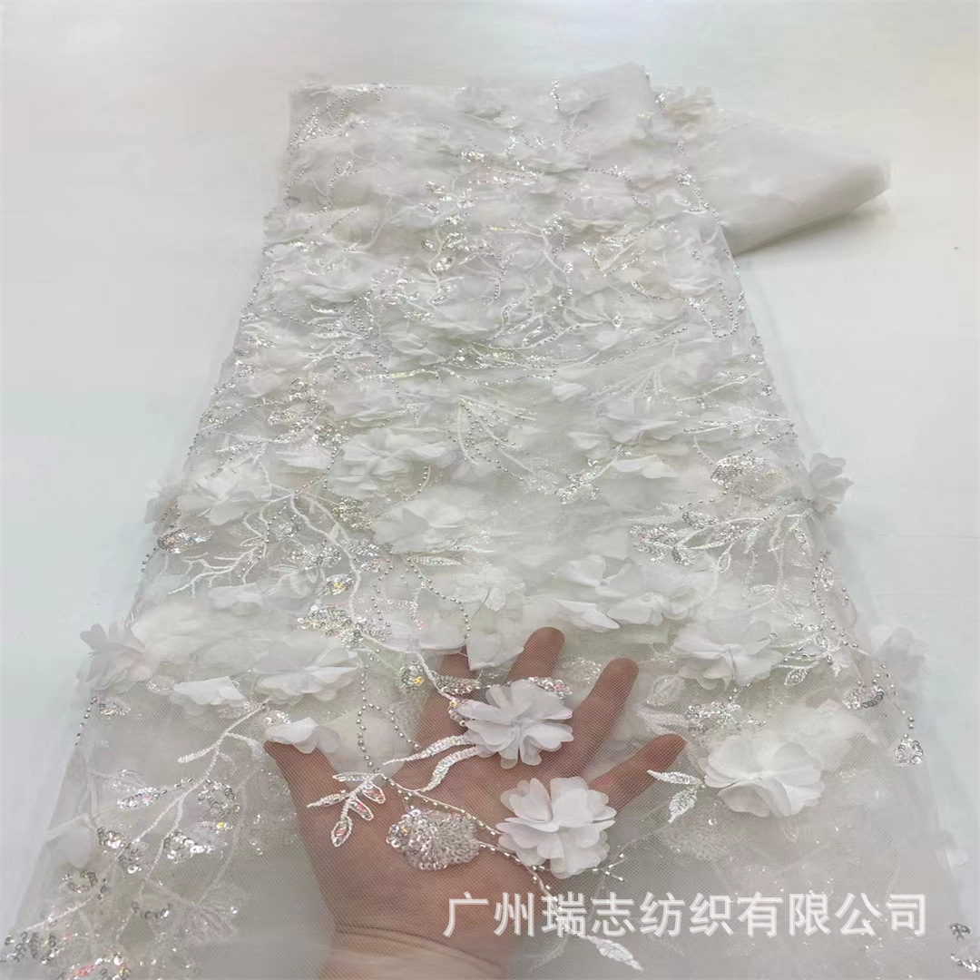 White spot 3D three-dimensional flower bead tube embroidery mesh sequins lace embroidery wedding dress children's dress fabric