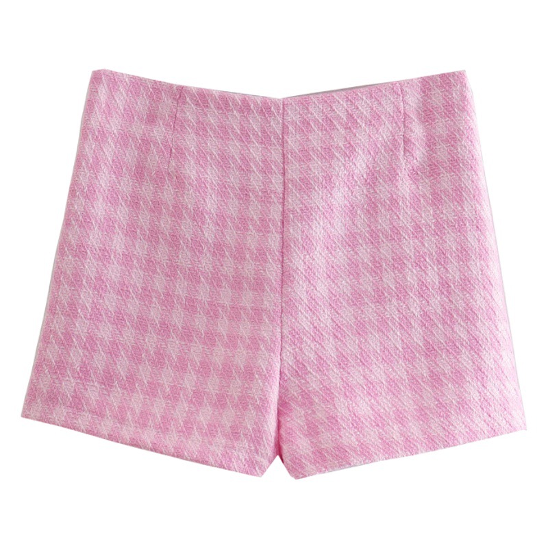 Cross-Border Wholesale Export European and American Clothing 2022 Summer Houndstooth Texture High Waist Culottes Double-Breasted Shorts Short Style