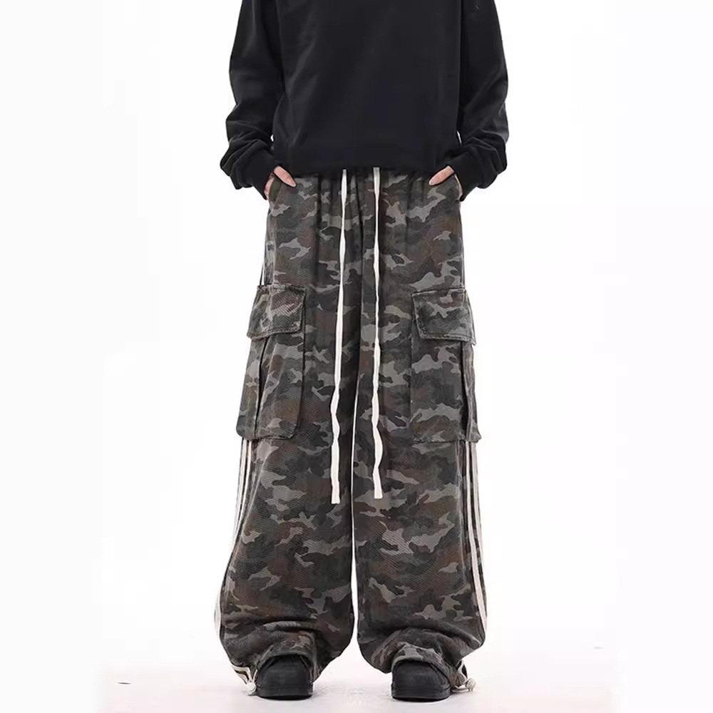 American Retro Straight Stripesd Camouflage Cargo Pants for Women with Large Flap Pocket Pantss, Neutral Style, Loose Wide-Leg Casual Long Pants, Trendy