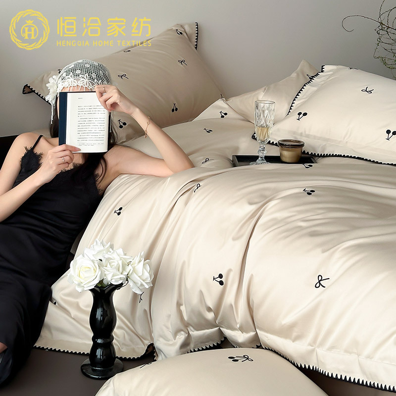 French Girl Cotton Australian Cotton Four-piece Set Bow Cherry Embroidered High-end Quilt Cover Pure Cotton Bedding Grey Champagne