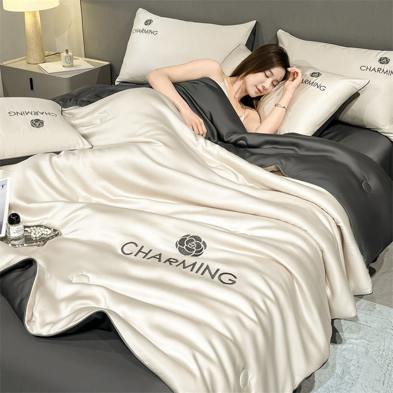 Picture of Washed Ice Silk Summer Quilt Four-piece Solid Color Embroidered Cool Air Conditioned Quilt Summer Gift Summer Quilt Summer Thin Quilt