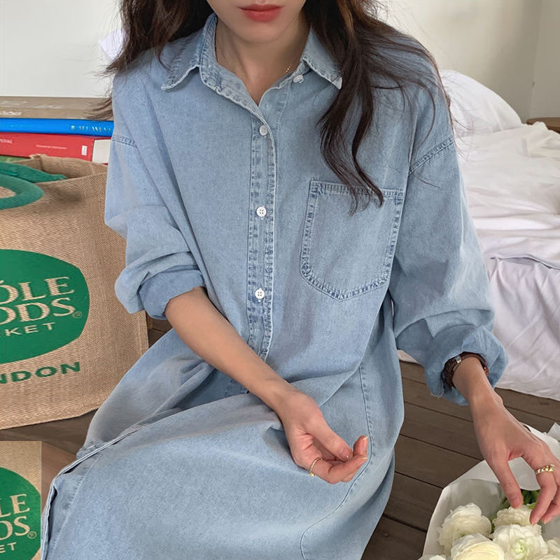 Spring and Autumn South Korea Simple Lapel Single-breasted Loose Shirt Dress 2025 New Casual Long Sleeve dress