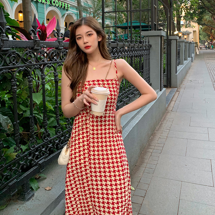 Retro houndstooth sling dress women's summer dress 2023 new waist slimming design split long skirt fashion