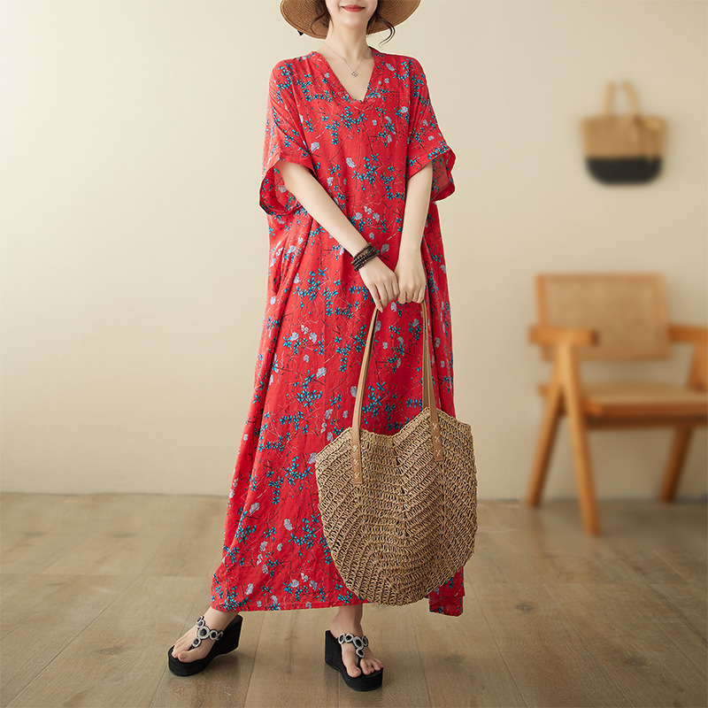 2024 Summer V-neck Cotton Linen Large Size Loose Artistic Holiday Beach Dress Retro Meat Covering Long Gown for Women