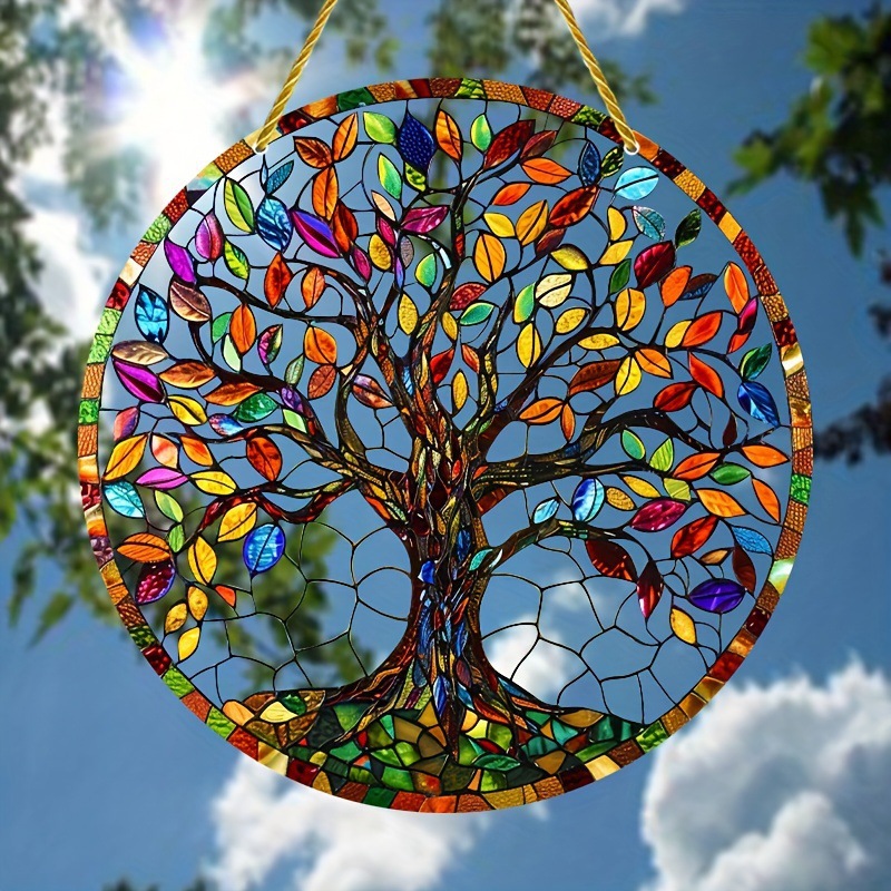 Cross-Border Tree of Life Colorful Acrylic Stained Glass Window Hanging Four Seasons Exquisite Gift Porch Decoration