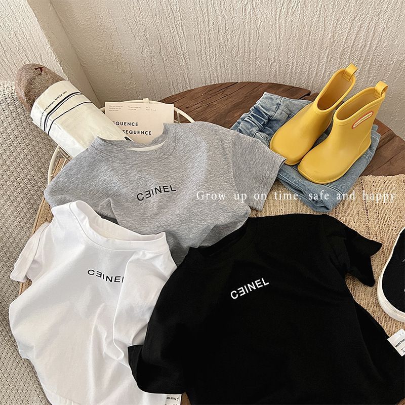 Children's Pure Cotton Short-Sleeved Letter Printed T-Shirt Summer Loose Round Neck Top for Toddlers and Kids Korean Style Trendy Kids