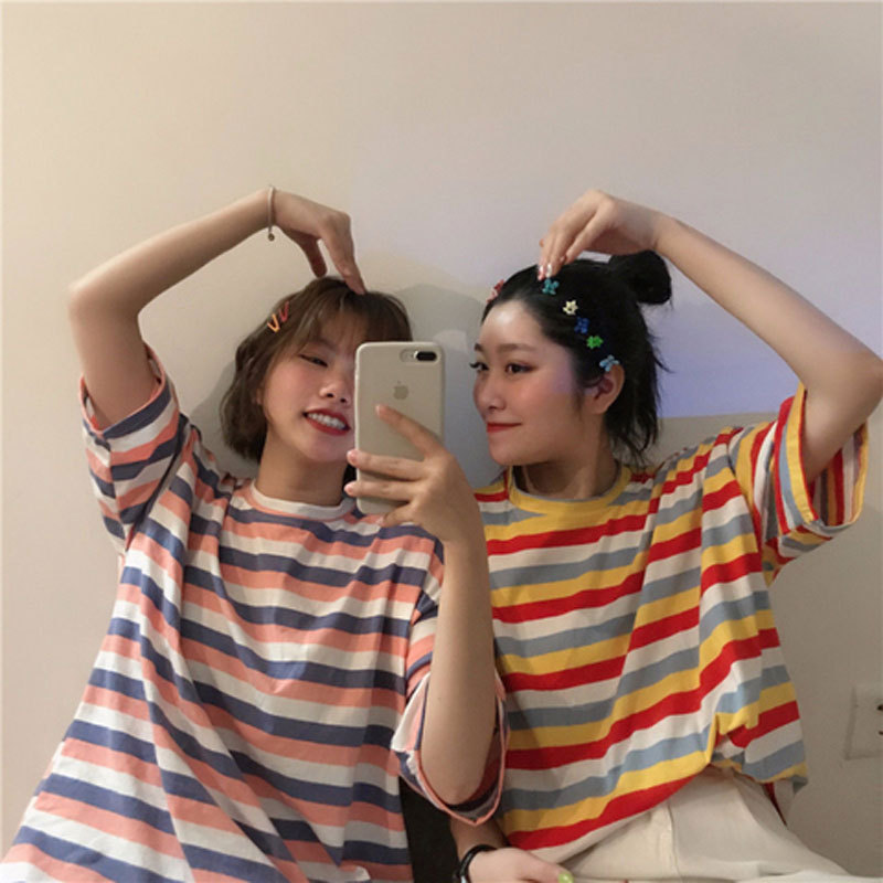 Harajuku-style Hong Kong-style Women's Striped T-shirt Women's Short-sleeved Loose Korean-style Retro ins All-match Fashionable Clothes for Students